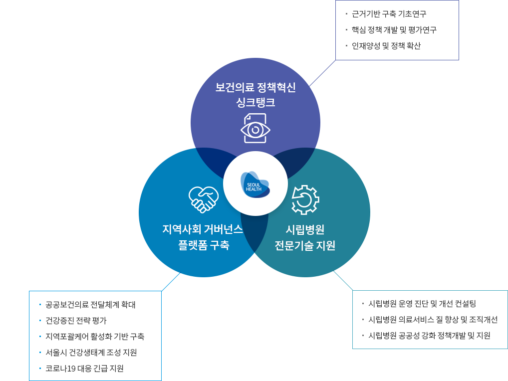 보건의료 정책혁신 싱크탱크-근거기반 구축 기초연구, 핵심 정책 개발 및 평가연구, 인재양성 및 정책 확산, 지역사회 거버넌스 플랫폼 구축-공공보건의료 전달체계 확대, 건강증진 전략 평가, 지역포괄케어 활성화 기반 구축, 서울시 건강생태계 조성 지원, 코로나19 대응 긴급 지원, 시립병원 전문기술 지원-시립병원 운영 진단 및 개선 컨설팅, 시립병원 의료서비스 질 향상 및 조직개선, 시립병원 공공성 강화 정책개발 및 지원